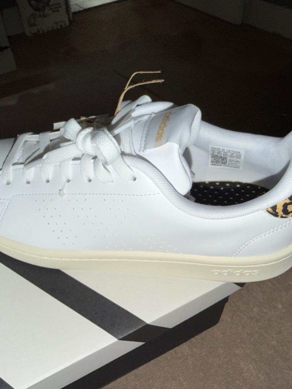 adidas White Sneakers with Gold Accents and Leopard Heel Tab